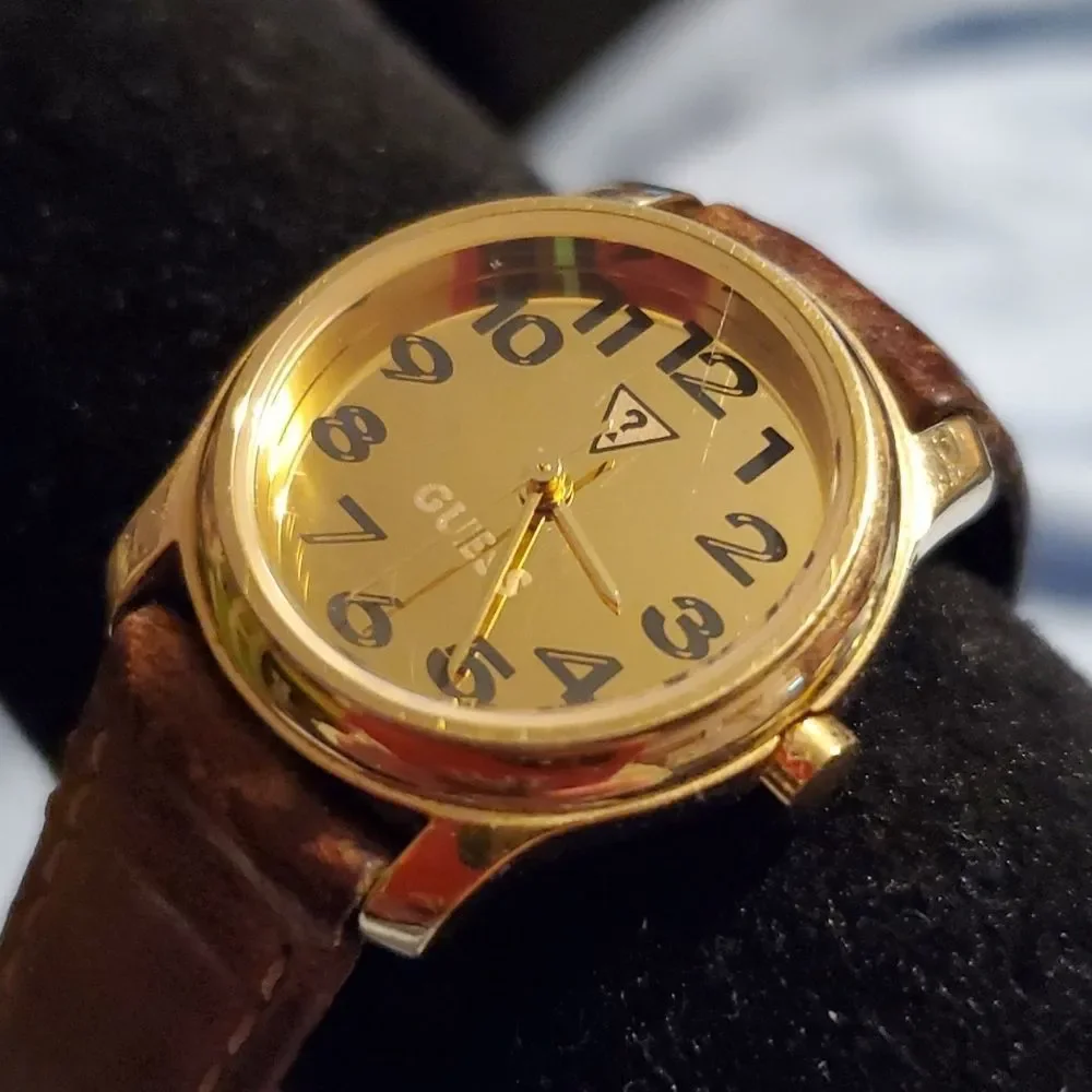 Vintage 1996 Guess Women's Analog Watch Gold Color Brown Leather